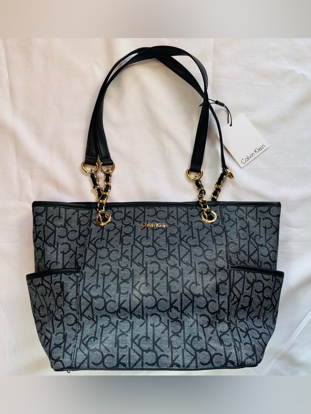 Calvin Klein Gray and Black Monogram Tote with Gold Hardware